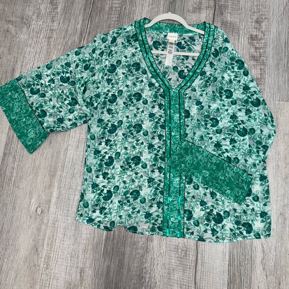CHICO’S Size 1 Congo Floral Tunic Pullover Semi Sheer Top Green/ White Beaded - Picture 12 of 12